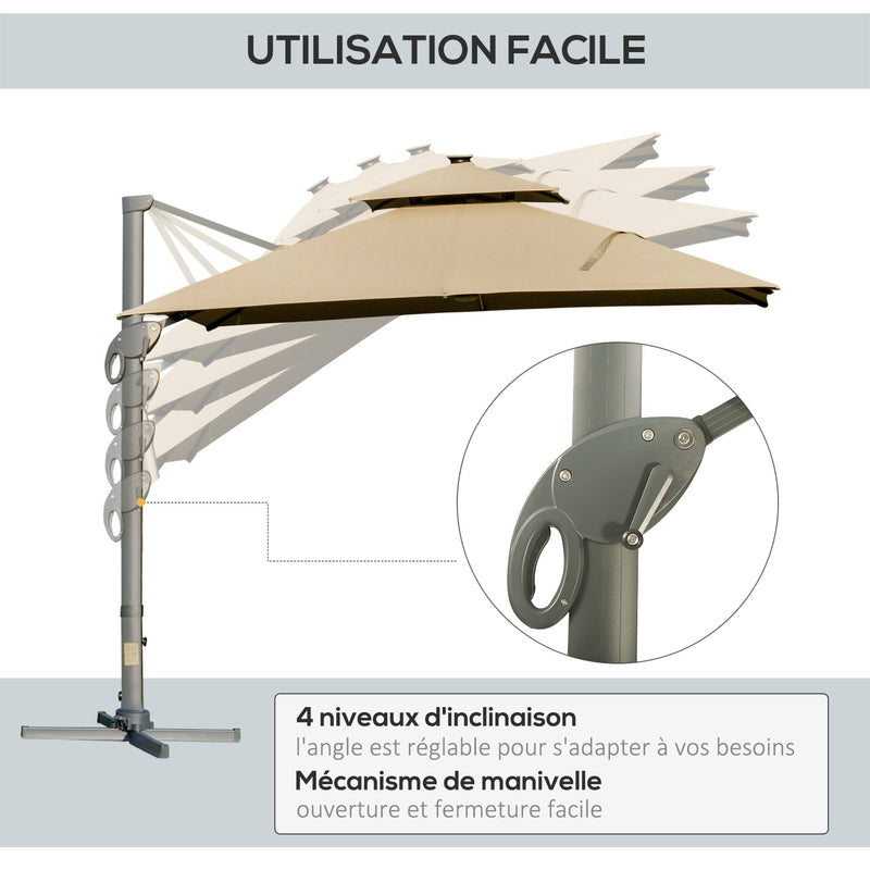 Outsunny 3 x 3(m) Cantilever Umbrella Power Bank Solar Cold Light Khaki