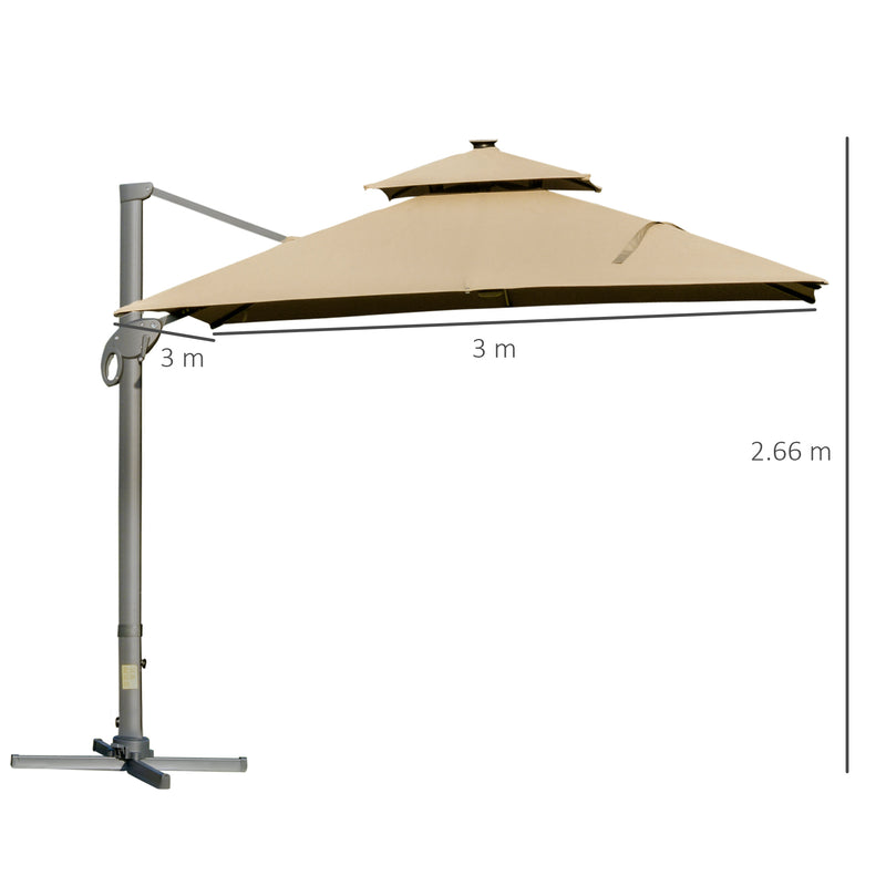 Outsunny 3 x 3(m) Cantilever Umbrella Power Bank Solar Cold Light Khaki
