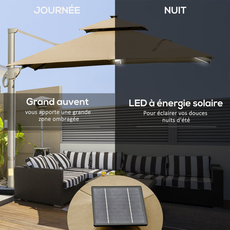 Outsunny 3 x 3(m) Cantilever Umbrella Power Bank Solar Cold Light Khaki