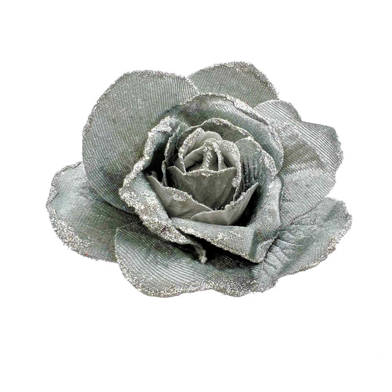 Christmas Sparkle Rose Clip Decoration on Pick Small 12cm - Silver