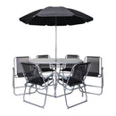6 Person Garden Furniture Patio Set Table, 6 Chairs & Parasol with Black Glass