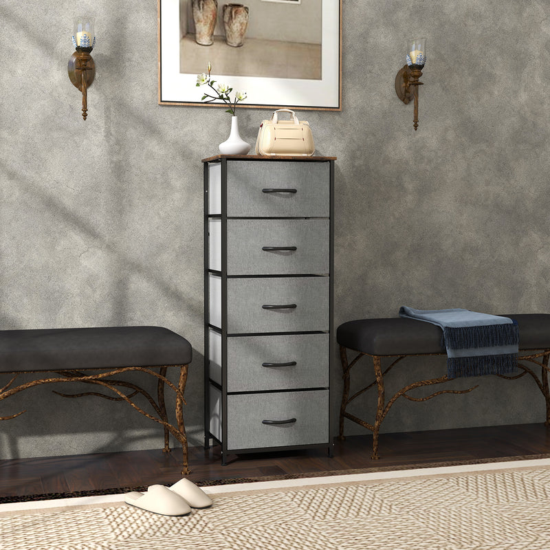 HOMCOM 5 Drawer Fabric Chest of Drawers with Wooden Top, Rustic Brown