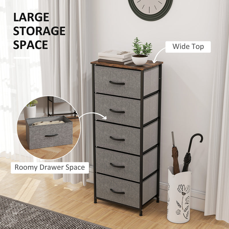 HOMCOM 5 Drawer Fabric Chest of Drawers with Wooden Top, Rustic Brown