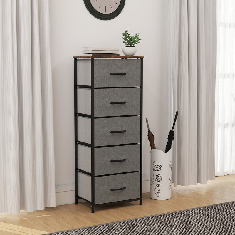 HOMCOM 5 Drawer Fabric Chest of Drawers with Wooden Top, Rustic Brown