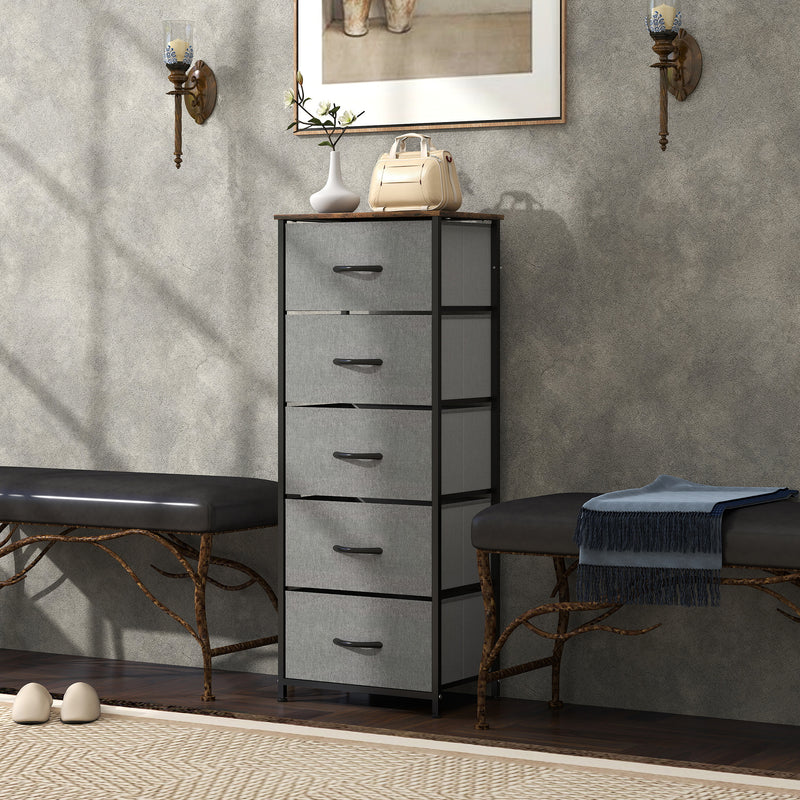 HOMCOM 5 Drawer Fabric Chest of Drawers with Wooden Top, Rustic Brown