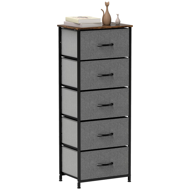 HOMCOM 5 Drawer Fabric Chest of Drawers with Wooden Top, Rustic Brown