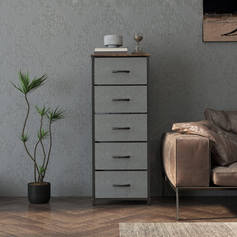 HOMCOM 5 Drawer Fabric Chest of Drawers with Wooden Top, Rustic Brown