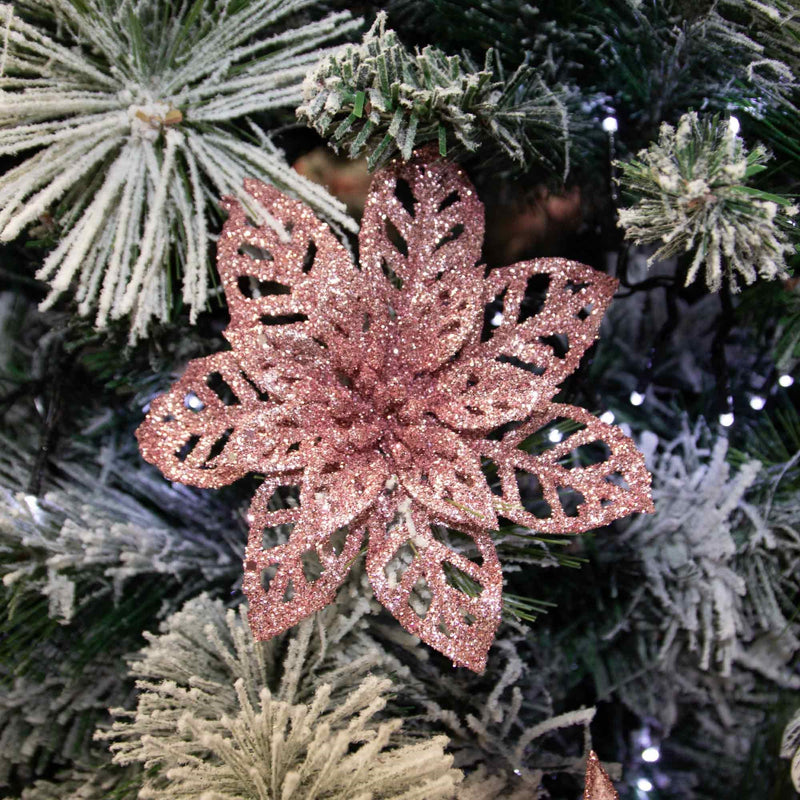 Christmas Sparkle Glitter Poinsettia Decoration 13cm with Clips Pack of 2 - Blush Pink