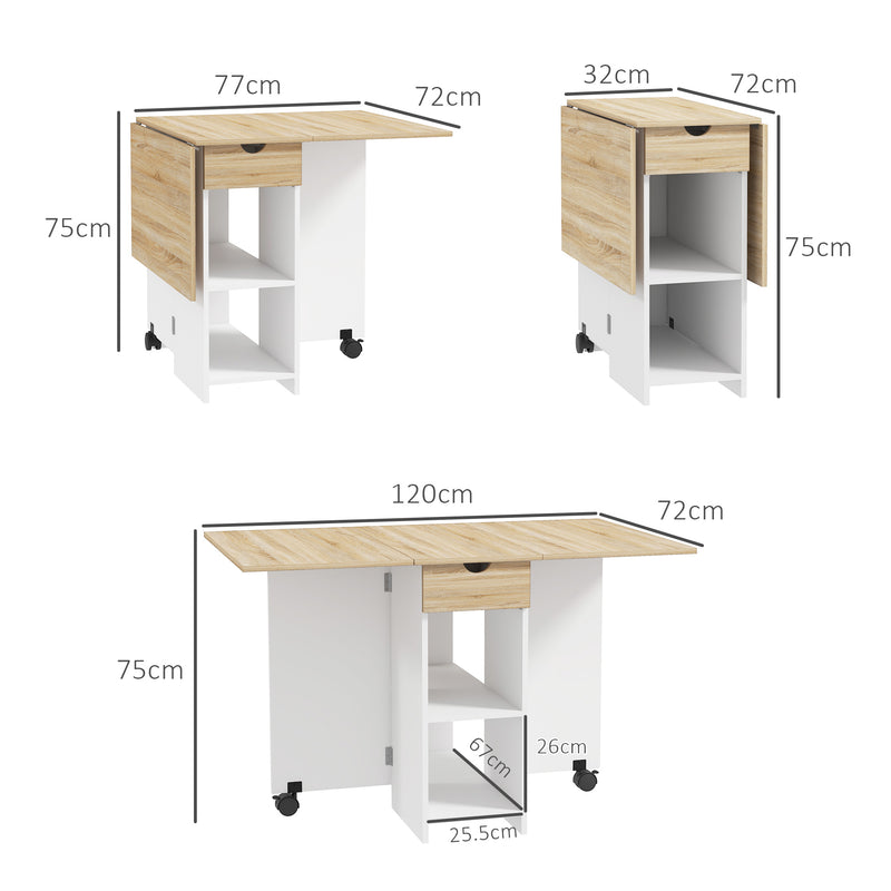 HOMCOM Foldable Dining Table, Drop Leaf Table with Storage for Kitchen, Oak