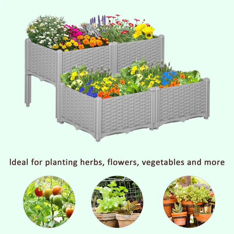 Outsunny Raised Bed Plastic Set of 4 40x40x44cm -  Grey