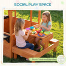 AIYAPLAY Wooden Playhouse for Kids with Table and Benches for Age 3-8, Brown