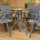 Samuel Alexander Outdoor 4 Seater Round Glass Top Table and Chairs Patio Set with Parasol in Grey
