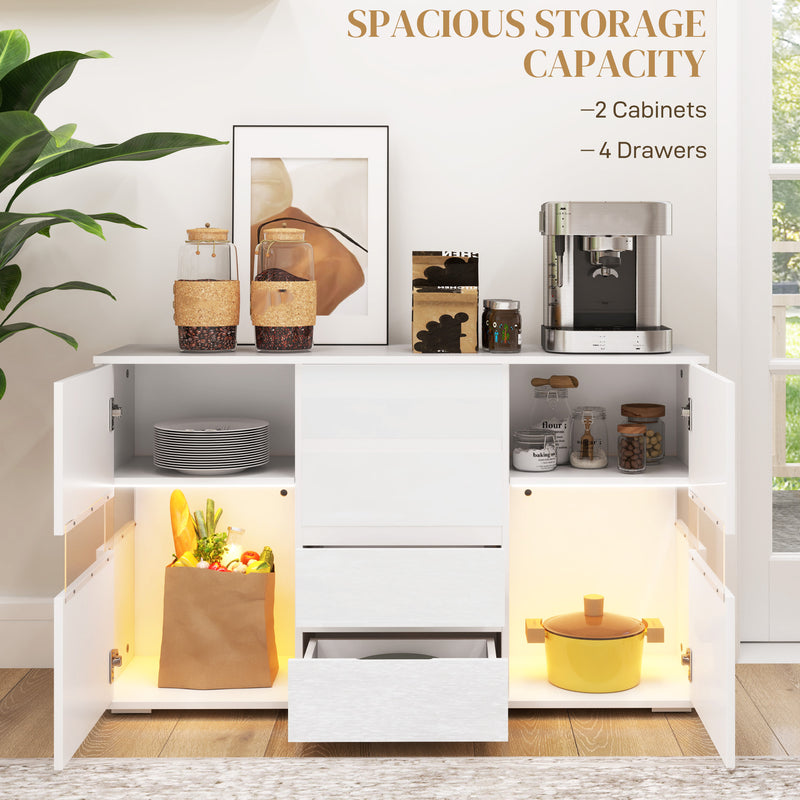HOMCOM LED Sideboard, High Gloss Storage Cabinet with 4 Drawers, White