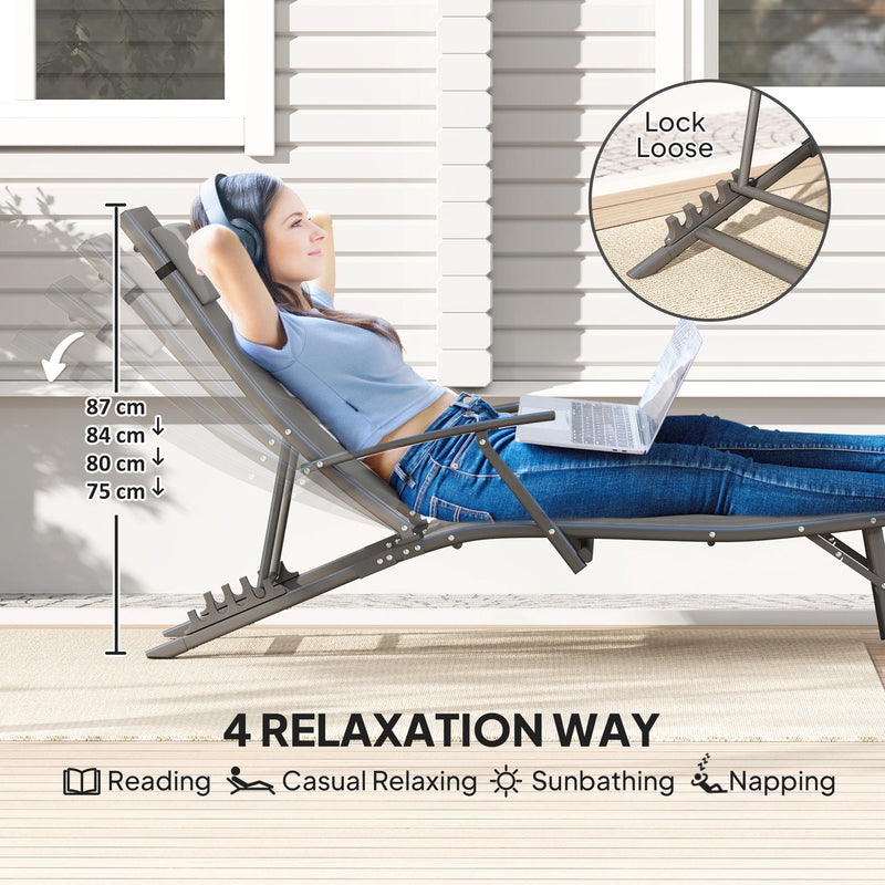 Outsunny Set of 2 Garden Sun Loungers, Folding Chaise Lounge Chairs, Grey