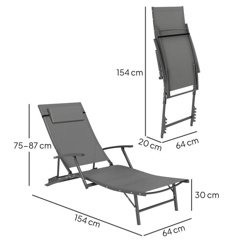 Outsunny Set of 2 Garden Sun Loungers, Folding Chaise Lounge Chairs, Grey