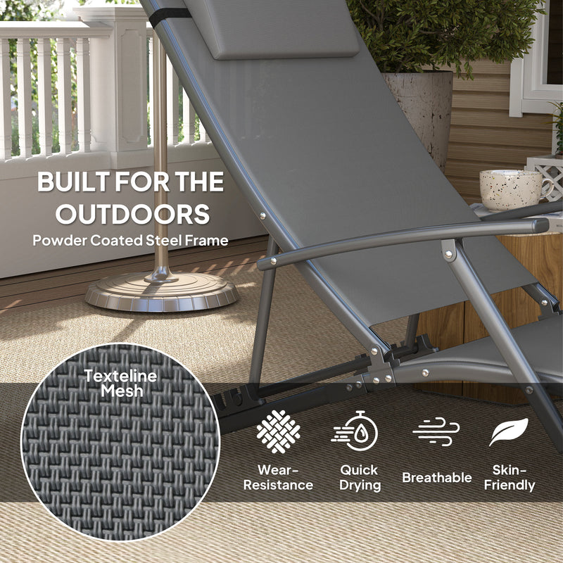 Outsunny Set of 2 Garden Sun Loungers, Folding Chaise Lounge Chairs, Grey