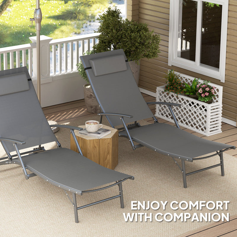 Outsunny Set of 2 Garden Sun Loungers, Folding Chaise Lounge Chairs, Grey