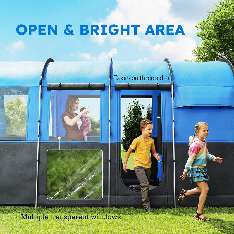 Outsunny 8-Person Camping Tent Tunnel Design With 4 Large Windows - Blue/Green
