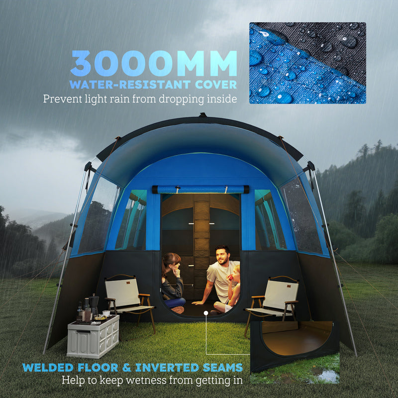 Outsunny 8-Person Camping Tent Tunnel Design With 4 Large Windows - Blue/Green