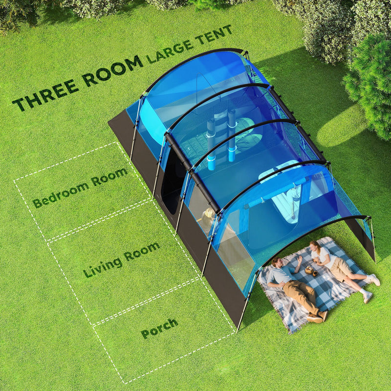 Outsunny 8-Person Camping Tent Tunnel Design With 4 Large Windows - Blue/Green