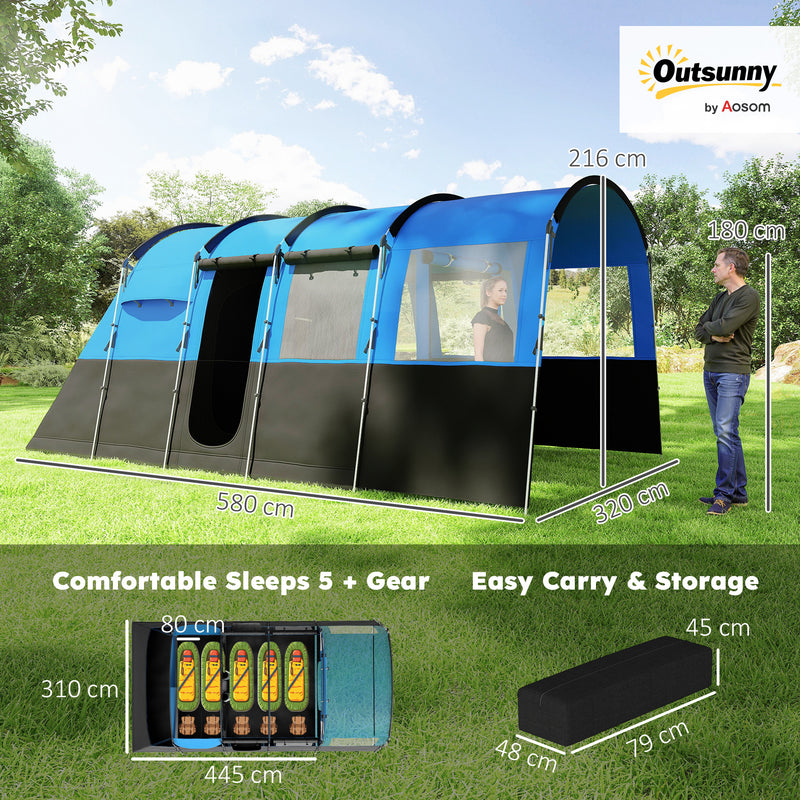 Outsunny 8-Person Camping Tent Tunnel Design With 4 Large Windows - Blue/Green