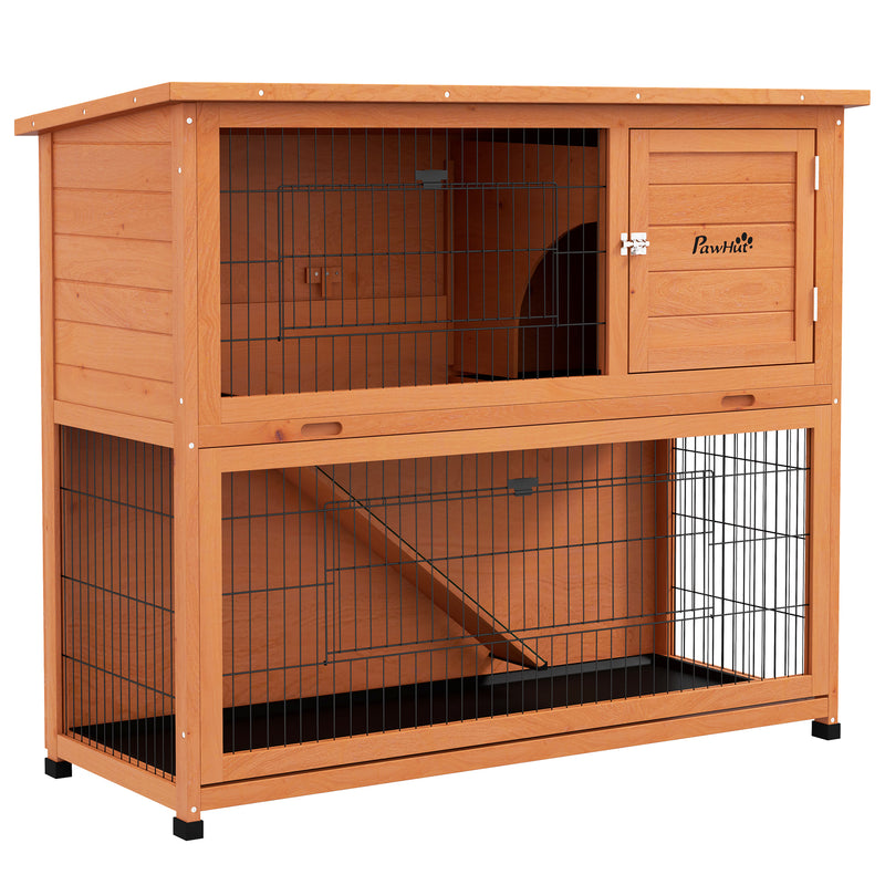 PawHut Wooden Rabbit Hutch, Antiseptic Outdoor, for 1-2 Rabbits - Orange