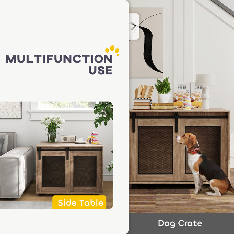 PawHut Dog Crate Furniture w/ Sliding Door, Walnut Brown