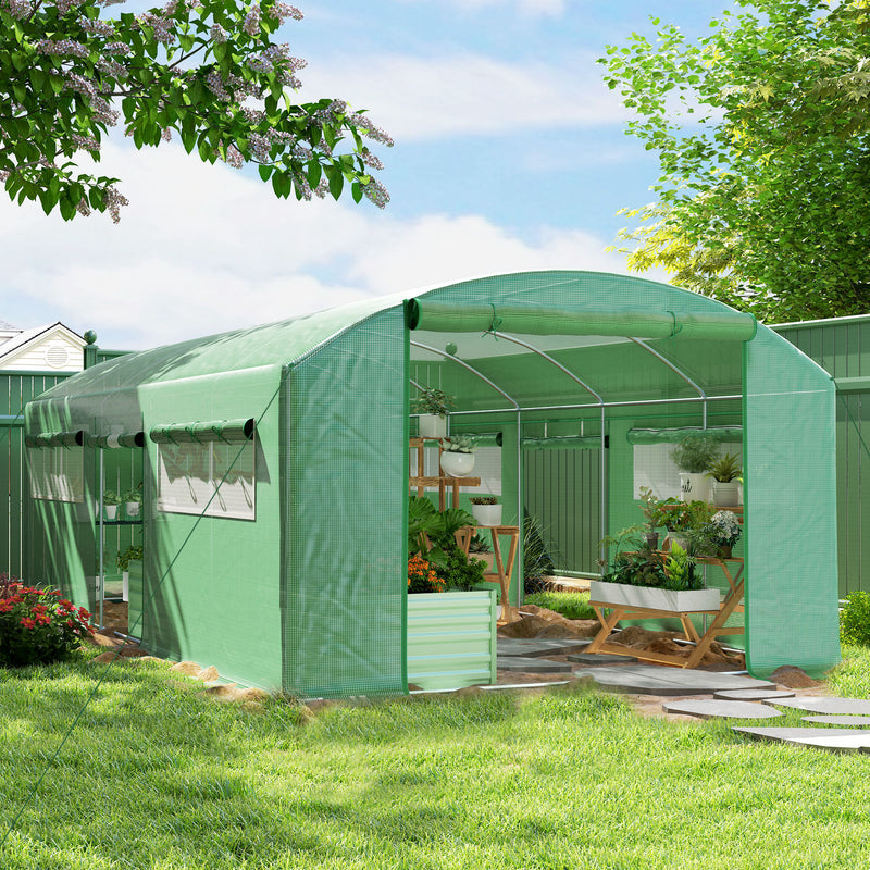 Outsunny Polytunnel Greenhouse with 3 Roll-up Doors, Green
