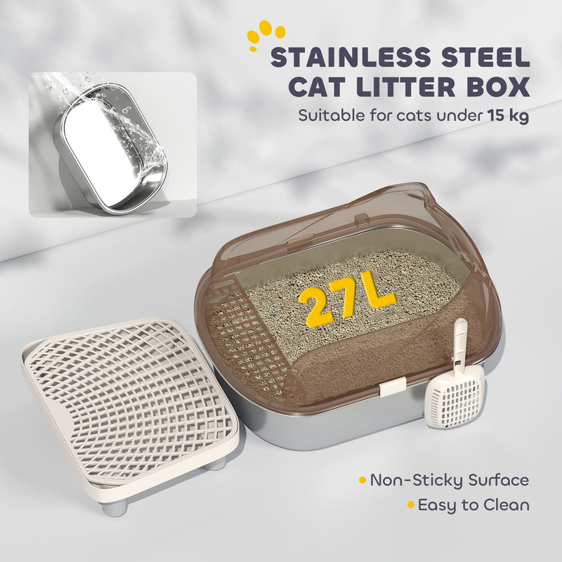PawHut Stainless Steel Litter Box, Cat Litter Tray w/ Lid, Pedal, Scoop