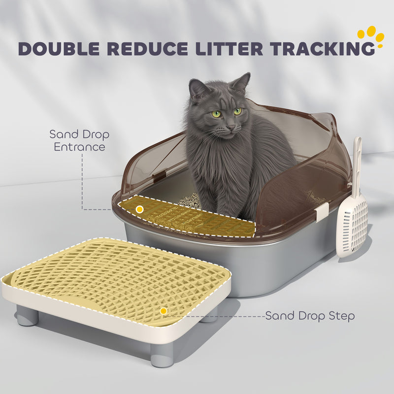 PawHut Stainless Steel Litter Box, Cat Litter Tray w/ Lid, Pedal, Scoop