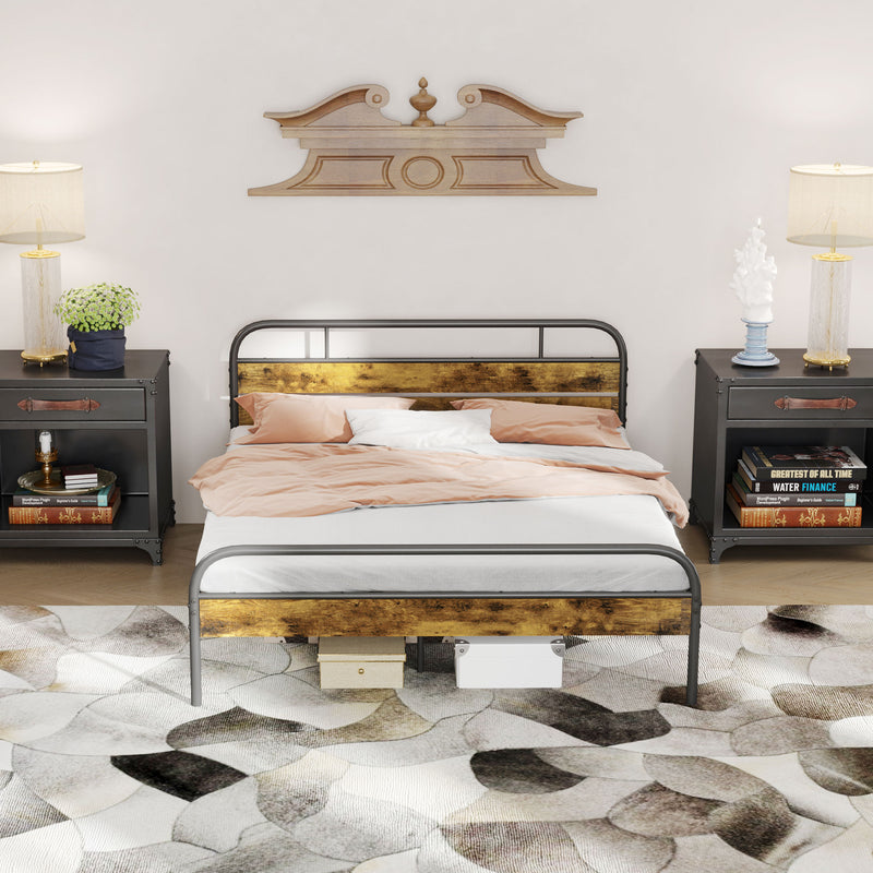 HOMCOM King Bed Frame with Headboard, No Box Spring Needed, Rustic Brown