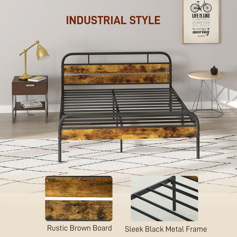 HOMCOM King Bed Frame with Headboard, No Box Spring Needed, Rustic Brown