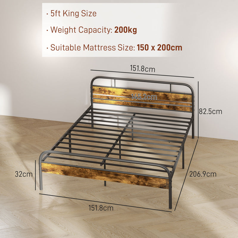 HOMCOM King Bed Frame with Headboard, No Box Spring Needed, Rustic Brown