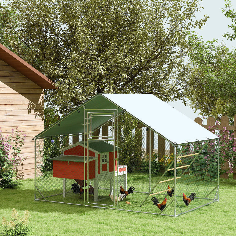 PawHut Walk In Chicken Run W/ Cover, Hanging Feeder, Perch, For 6-8 Poultry
