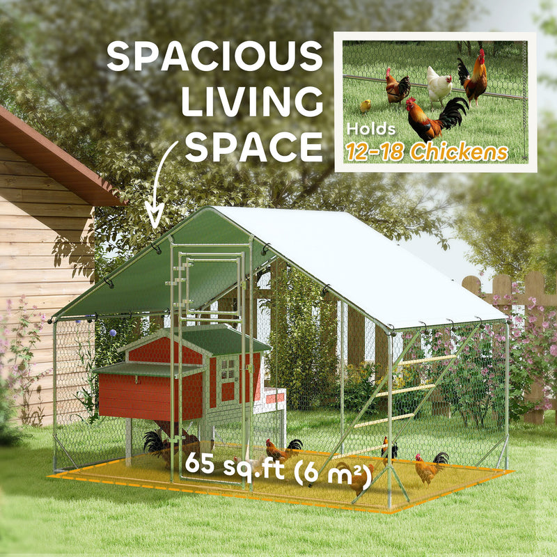 PawHut Walk In Chicken Run W/ Cover, Hanging Feeder, Perch, For 6-8 Poultry