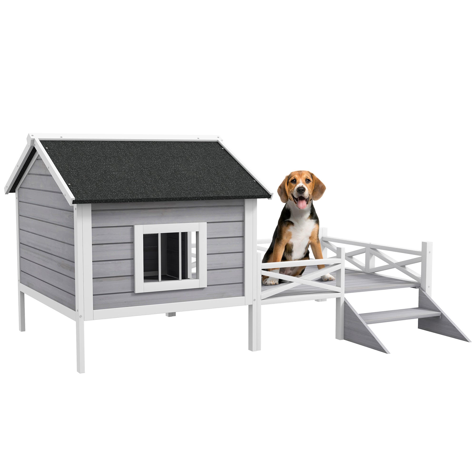 PawHut Wooden Dog House w/ Porch, Water-resistant Roof, for S M Dogs,