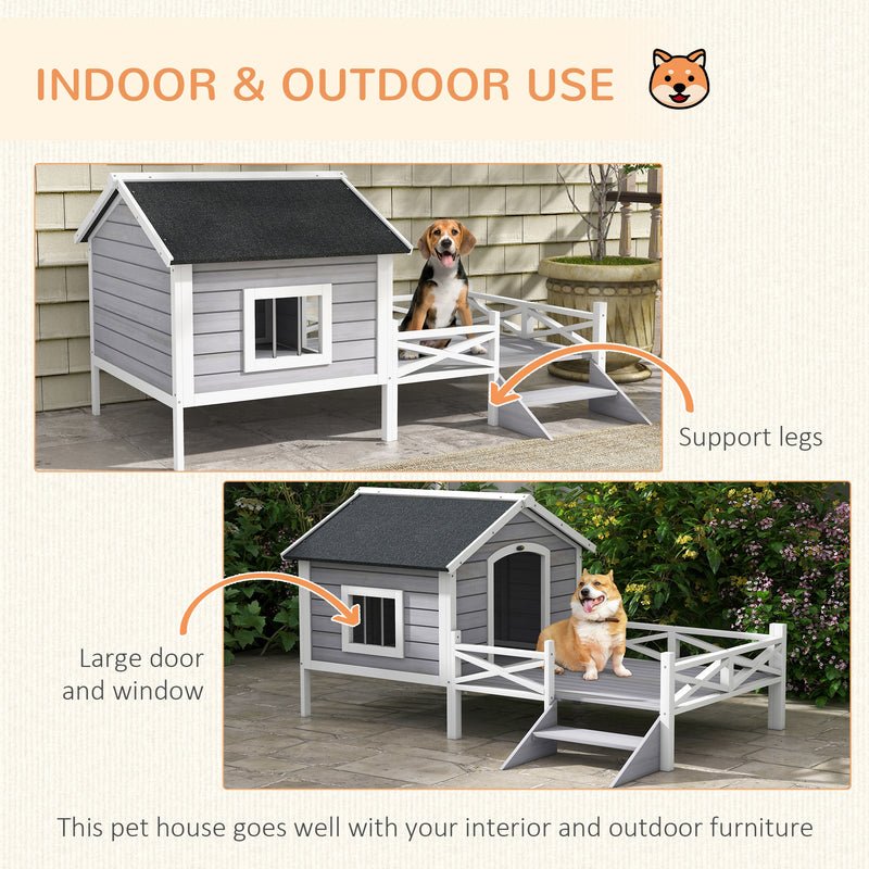 PawHut Wooden Dog House w/ Porch, Water-resistant Roof, for S M Dogs, Grey