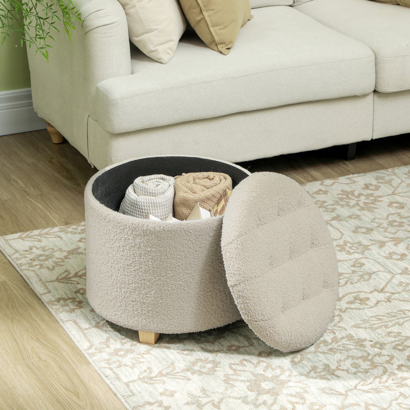 HOMCOM 45cm Round Ottoman with Storage, Lid, Cashmere Footstool, Cream White