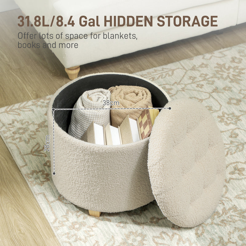 HOMCOM 45cm Round Ottoman with Storage, Lid, Cashmere Footstool, Cream White
