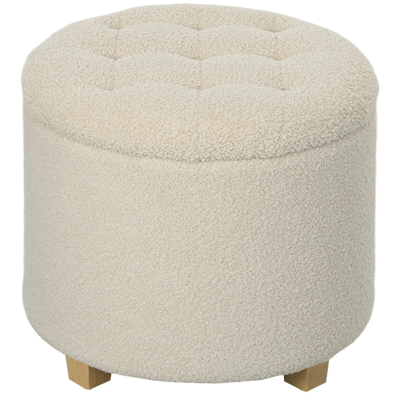 HOMCOM 45cm Round Ottoman with Storage, Lid, Cashmere Footstool, Cream White