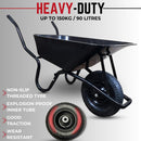 90 Litre 150kg Capacity Heavy Duty Outdoor Galvanised Pneumatic Metal Garden Wheelbarrow in Black