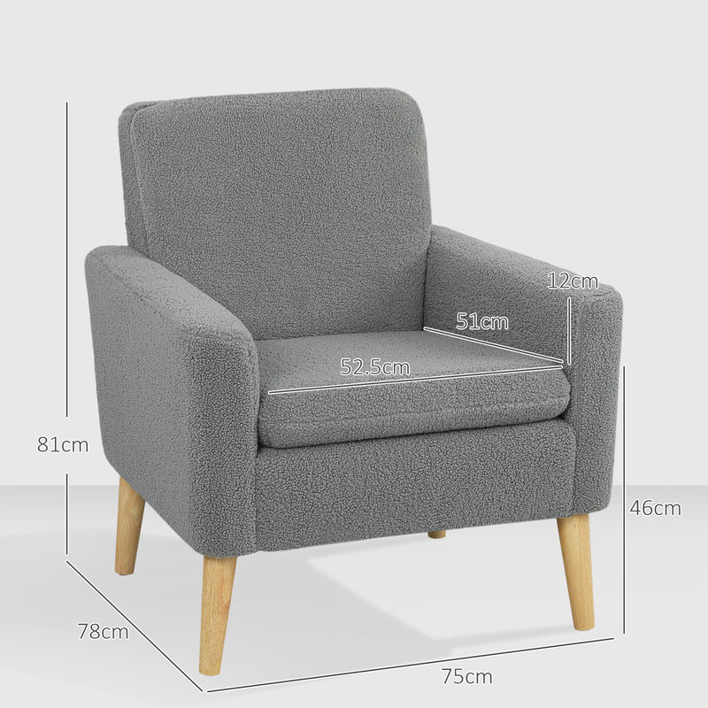 HOMCOM Modern Accent Chair with Wood Legs, Wide Seat, Teddy Armchair, Grey