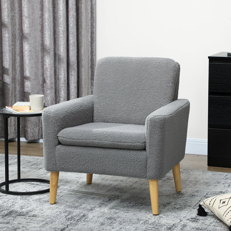 HOMCOM Modern Accent Chair with Wood Legs, Wide Seat, Teddy Armchair, Grey