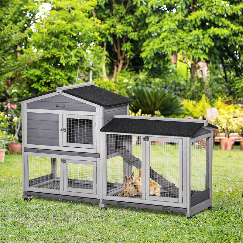 PawHut Wooden Rabbit Hutch Guinea Pig Cage w/ Wheels, Run, Ramp
