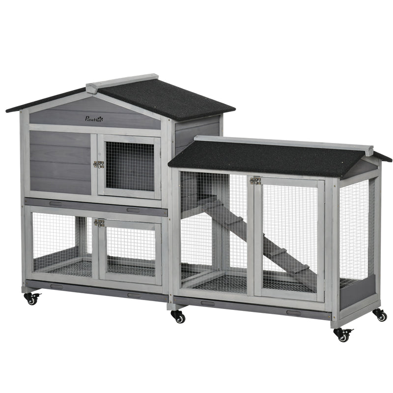 PawHut Wooden Rabbit Hutch Guinea Pig Cage w/ Wheels, Run, Ramp