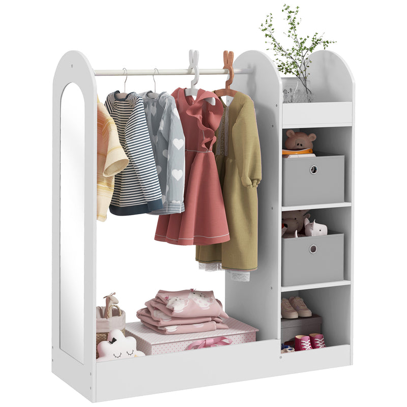AIYAPLAY Kids Cloth Rail with Storage Shelf, Boxes, Mirror for Bedroom, White