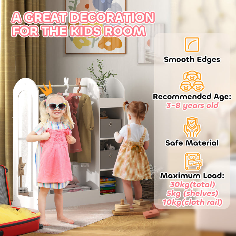 AIYAPLAY Kids Cloth Rail with Storage Shelf, Boxes, Mirror for Bedroom, White