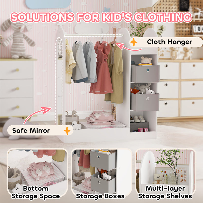AIYAPLAY Kids Cloth Rail with Storage Shelf, Boxes, Mirror for Bedroom, White