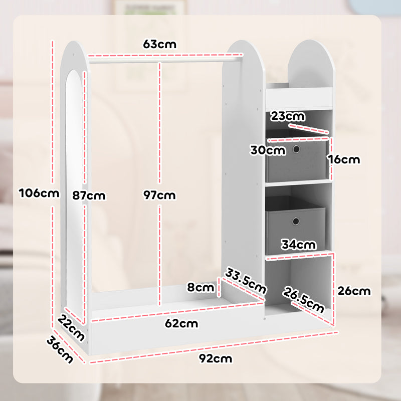 AIYAPLAY Kids Cloth Rail with Storage Shelf, Boxes, Mirror for Bedroom, White