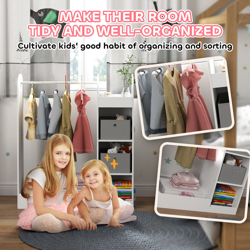 AIYAPLAY Kids Cloth Rail with Storage Shelf, Boxes, Mirror for Bedroom, White